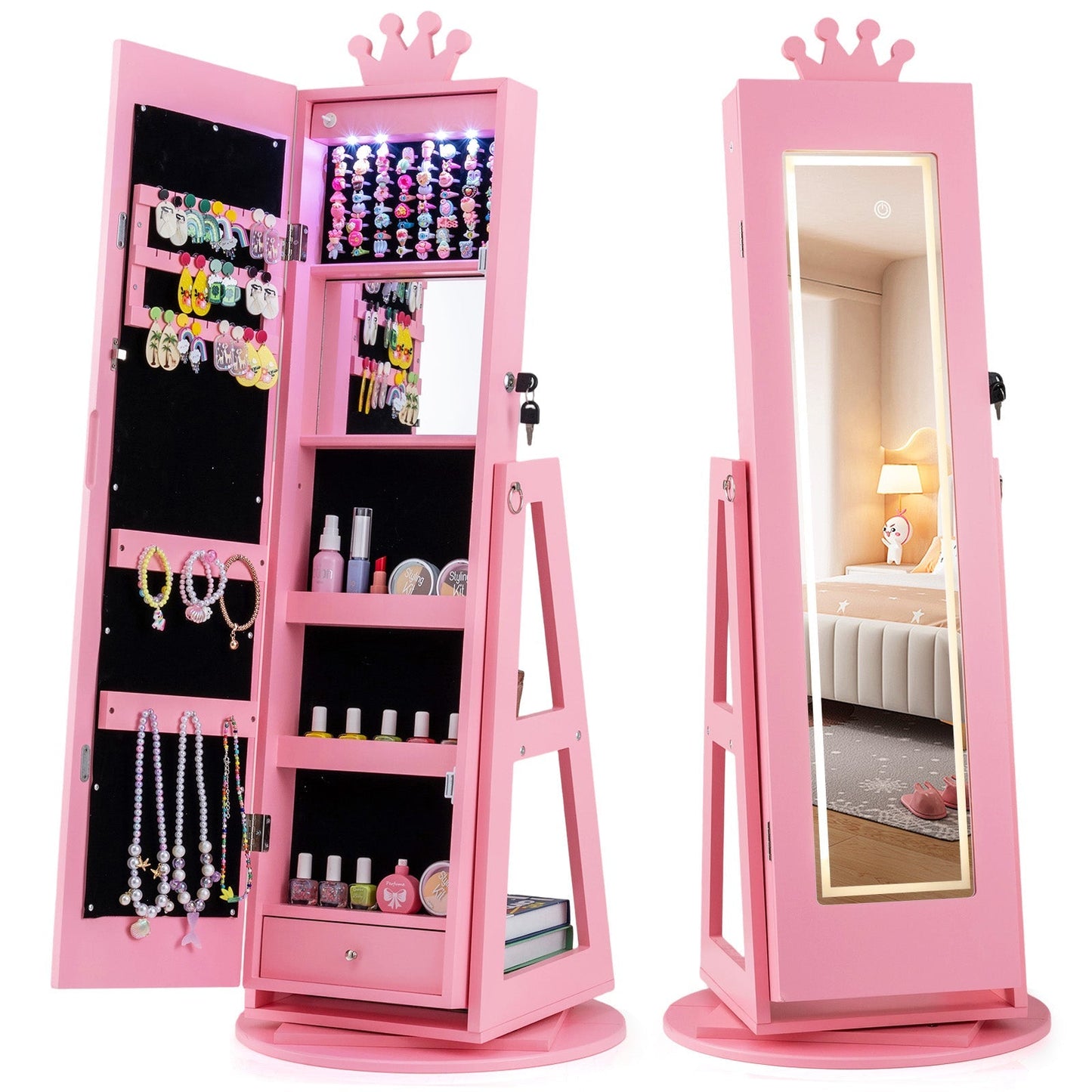 3 In 1 Kids Jewelry Cabinet with 3-Color Lighted Full Length Mirror and Internal Mirror