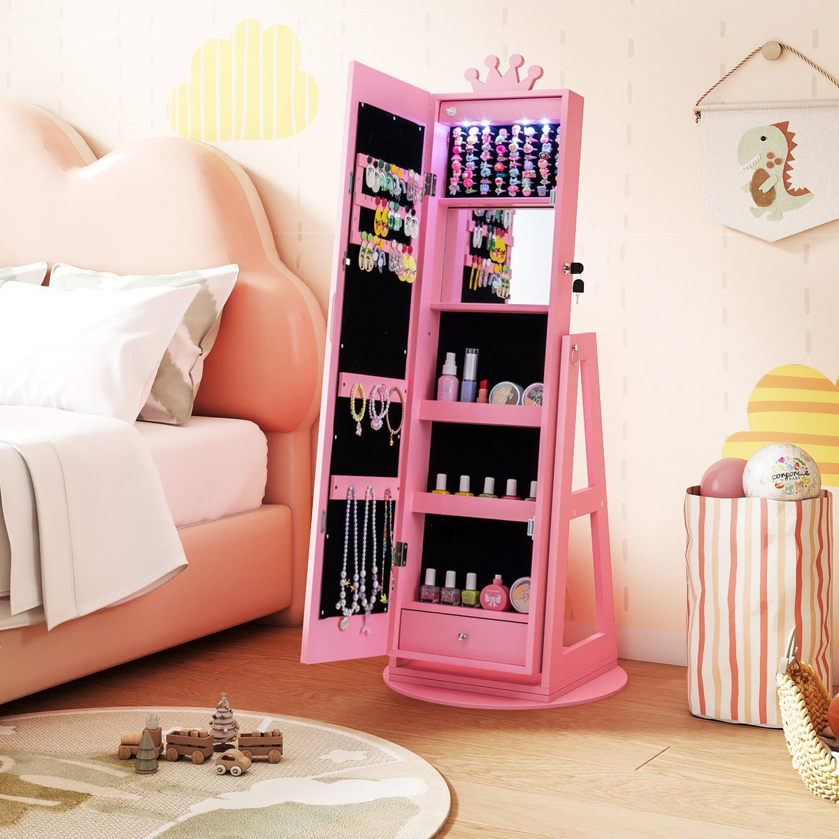 3 In 1 Kids Jewelry Cabinet with 3-Color Lighted Full Length Mirror and Internal Mirror