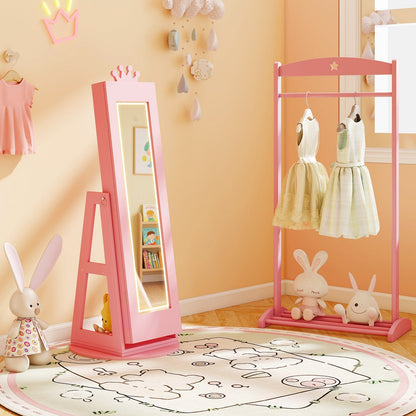 3 In 1 Kids Jewelry Cabinet with 3-Color Lighted Full Length Mirror and Internal Mirror