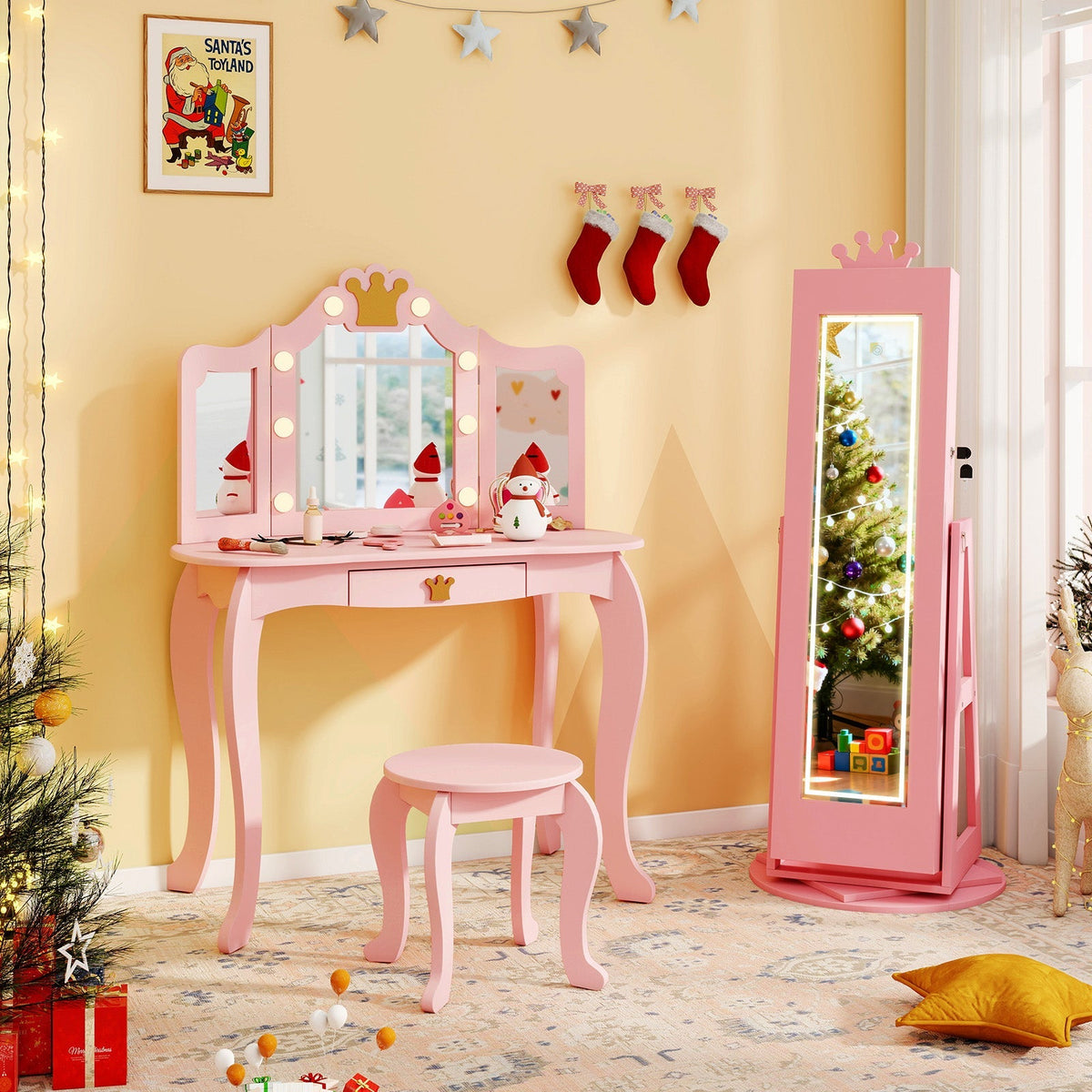 3 In 1 Kids Jewelry Cabinet with 3-Color Lighted Full Length Mirror and Internal Mirror