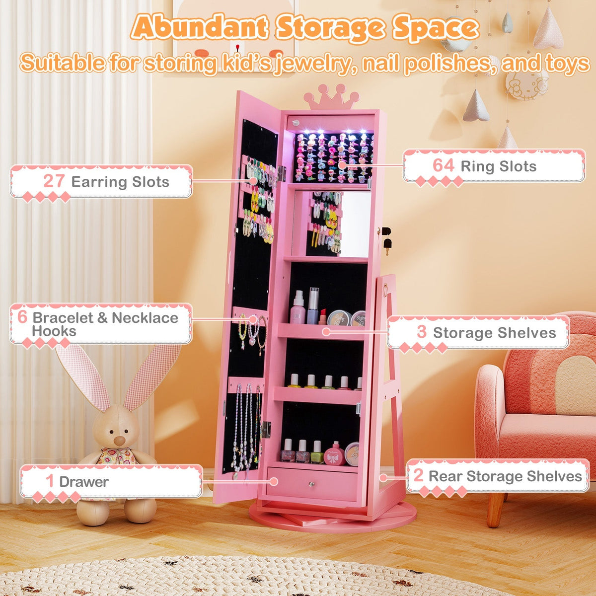 3 In 1 Kids Jewelry Cabinet with 3-Color Lighted Full Length Mirror and Internal Mirror