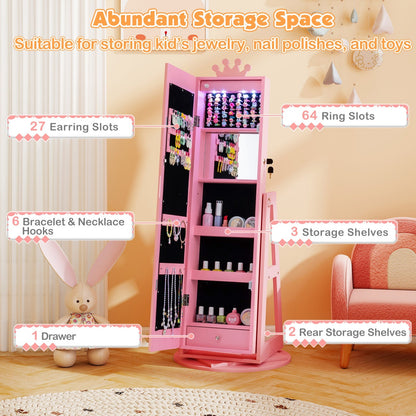 3 In 1 Kids Jewelry Cabinet with 3-Color Lighted Full Length Mirror and Internal Mirror