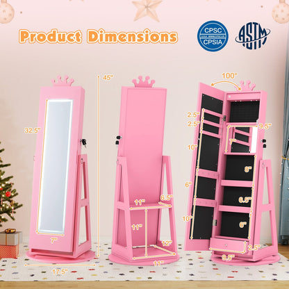 3 In 1 Kids Jewelry Cabinet with 3-Color Lighted Full Length Mirror and Internal Mirror