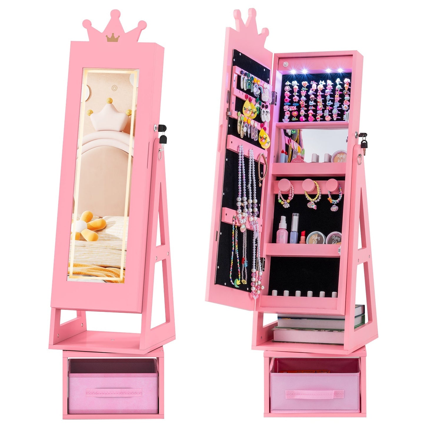 3 In 1 Kids Jewelry Cabinet with 3-Color Lighted Full Length Mirror
