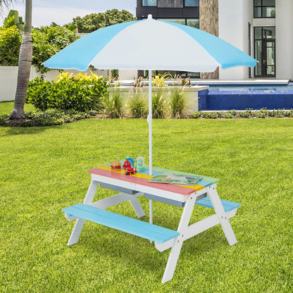 3-in-1 Kids Outdoor Picnic Water Sand Table with Umbrella Play Boxes-Blue