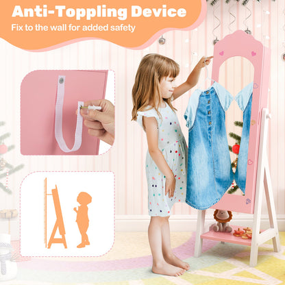 2 Pieces Kids Vanity Set and Jewelry Armoire Cabinet with Full-length Mirror-Pink