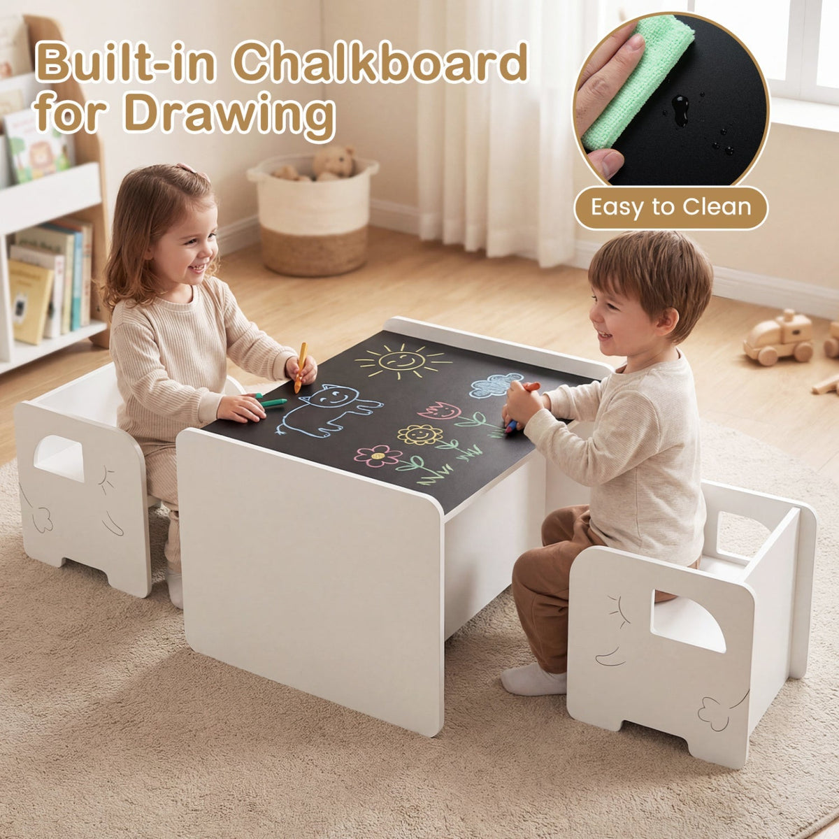 3 Pieces Kids Table and Chair Set with Space-saving Toddler Table and 2 Chairs