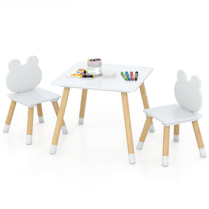 3 Pieces Kids Wooden Table and Chair Set with Cute Froggy Design-White