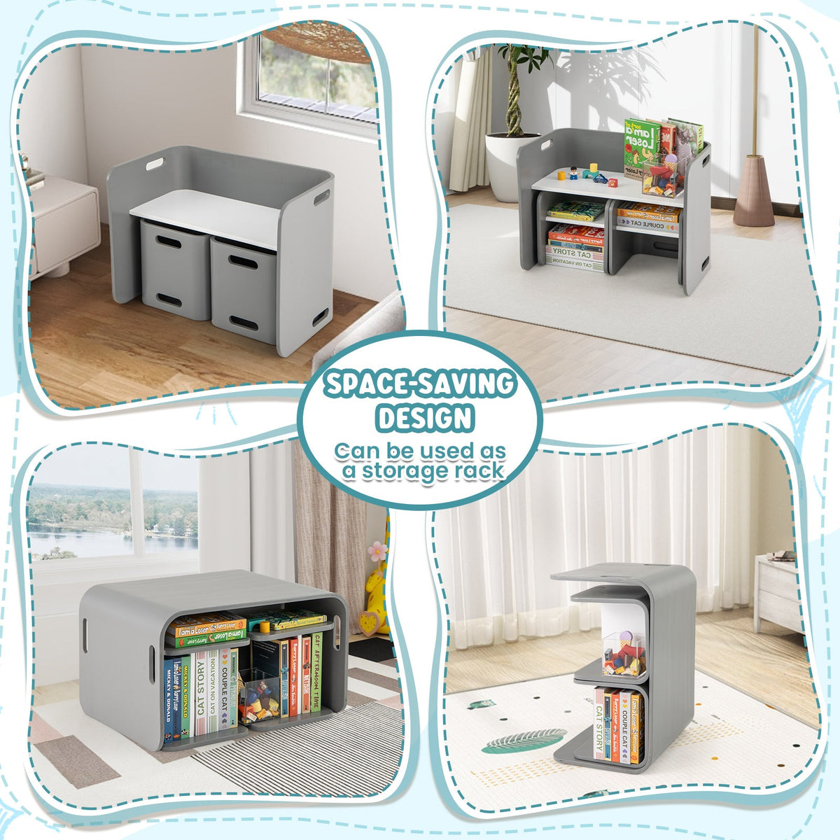 3 Pieces Kids Wooden Table and Chair Set-Gray