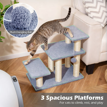 3-Tier Cat Stairs 20 Inch with Scratching Posts and Hanging Toy Ball-Gray