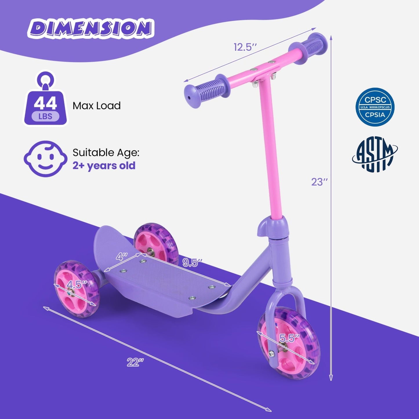 3 Wheels Scooter for Kids Age 2+ with LED Light-Up Wheels and Wide Anti-Slip Deck