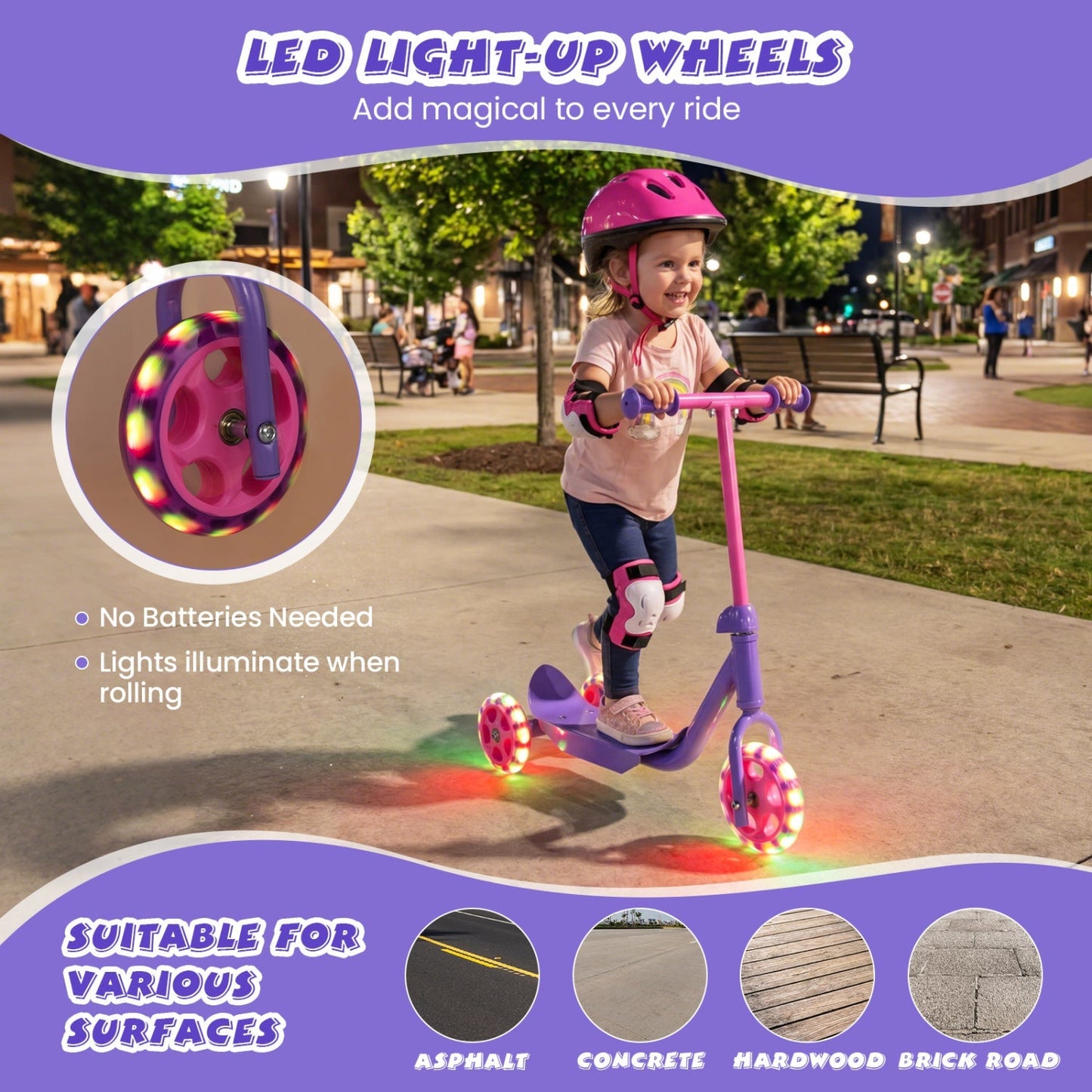 3 Wheels Scooter for Kids Age 2+ with LED Light-Up Wheels and Wide Anti-Slip Deck