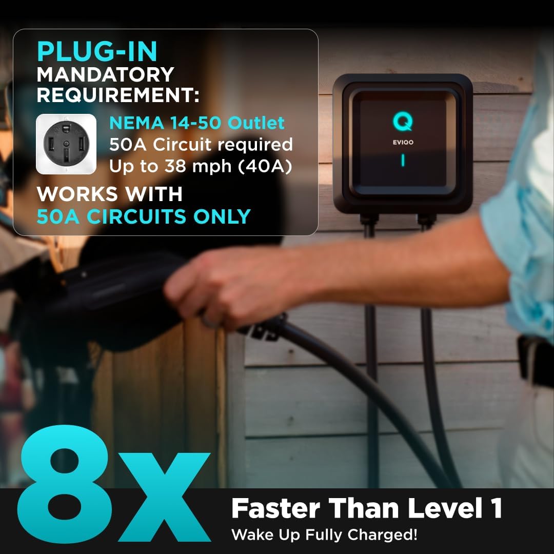 EVIQO Level 2 EV Charger, 40A (9.6kW), 240V, NEMA 14-50 Plug-in, J1772 for Non-Tesla EVs