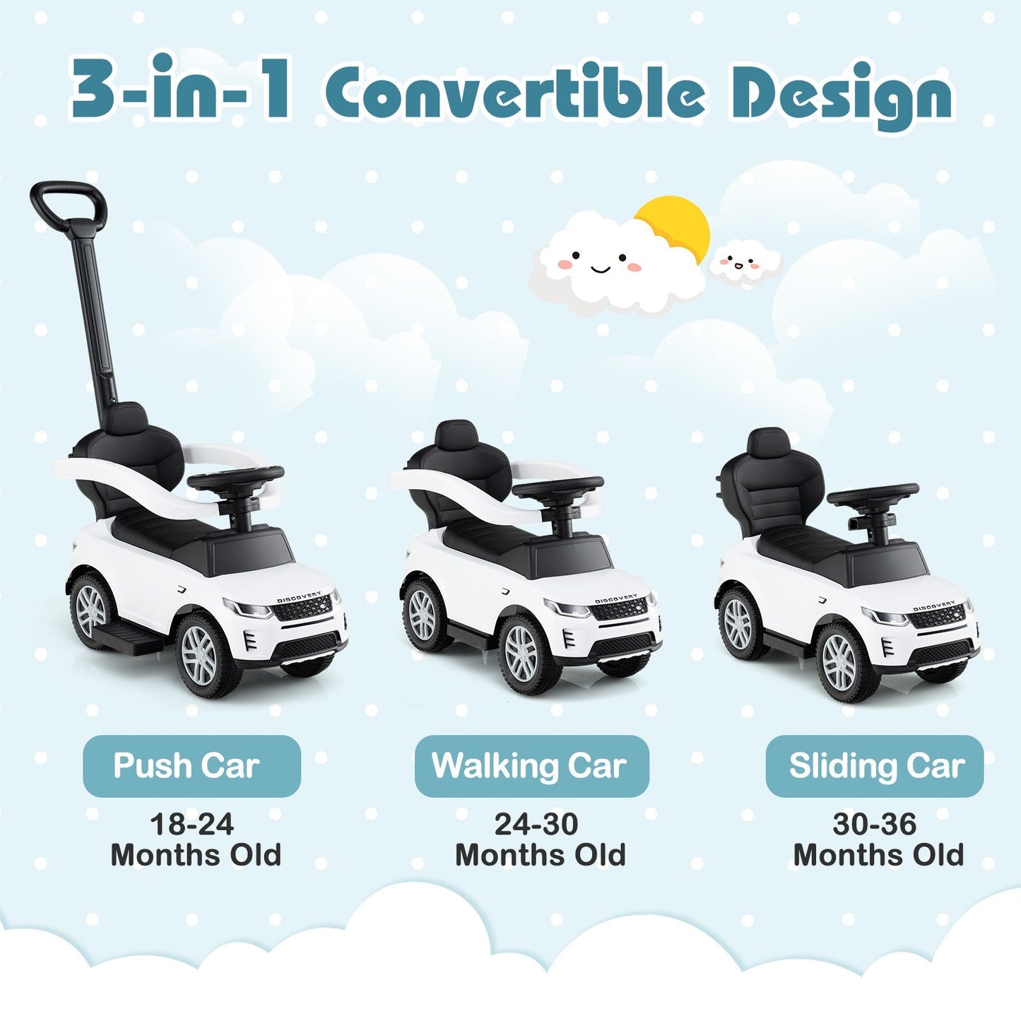 3 in 1 Push Car with Removable Handle and Guardrail for Kids 18-36 Months Old