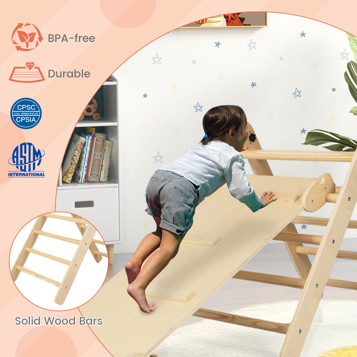 3-in-1 Climbing Set Foldable and Adjustable Kids Triangle Set-Natural