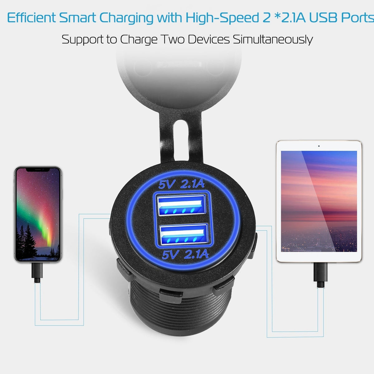 1Pc 2 USB Charger 12-24V Car Cigarette Lighter Socket Splitter Dual USB 2.1A Outlet Car Charger IP65 waterproof for Car Boat Marine Mobile