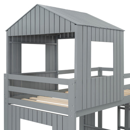 Loft Bunk Bed With Playhouse, Farmhouse, Ladder, Slide And Guardrails