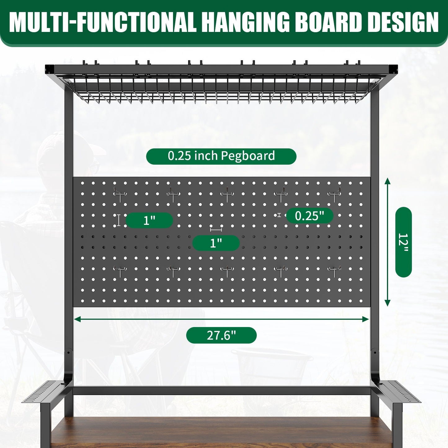 Fishing Rod Storage Rack With Pegboard, Rolling Tackle Organizer Cart - Black