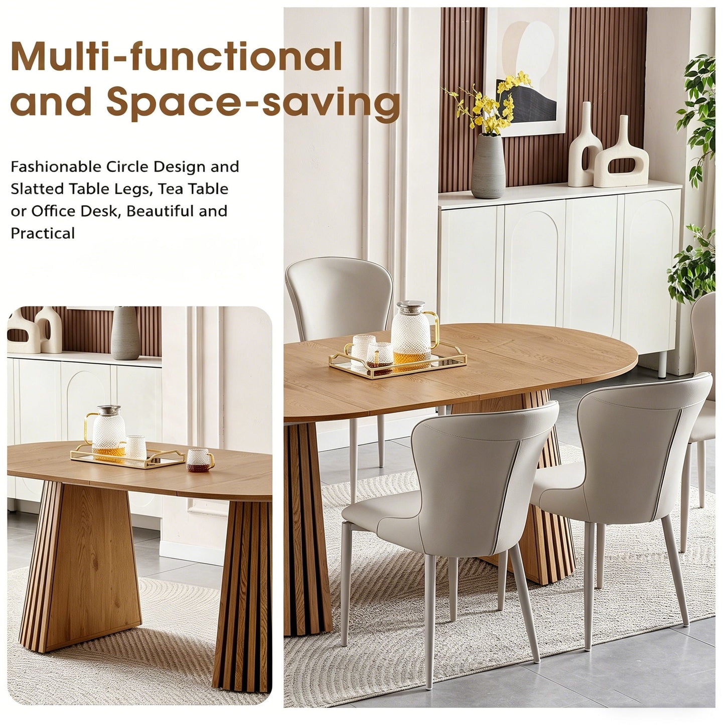 Dining Table, Flexible Extendable Oval Design With Slatted Legs - Natural Wood