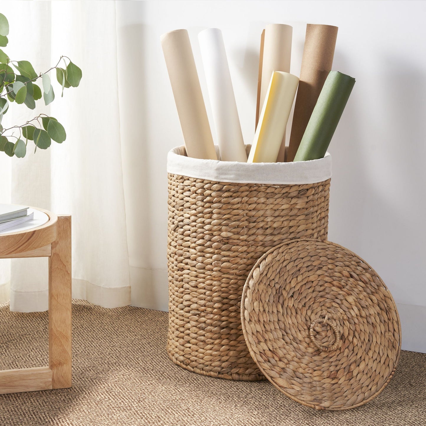 Round Tall Water Hyacinth Woven Wicker Laundry Hamper With Lid - For Clothes, Toys And Book Storage With Removable Liner - 15" X 15" X 20" - Natural Brown