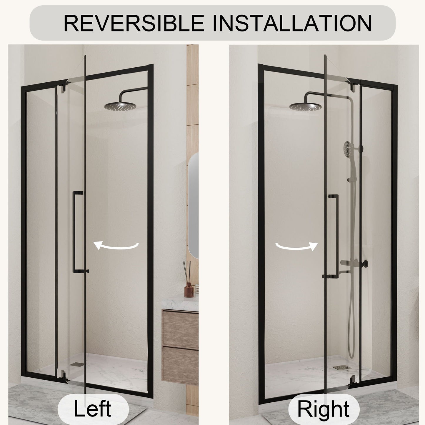 Semi Frameless Pivot Hinged Shower Door, Reversible Design