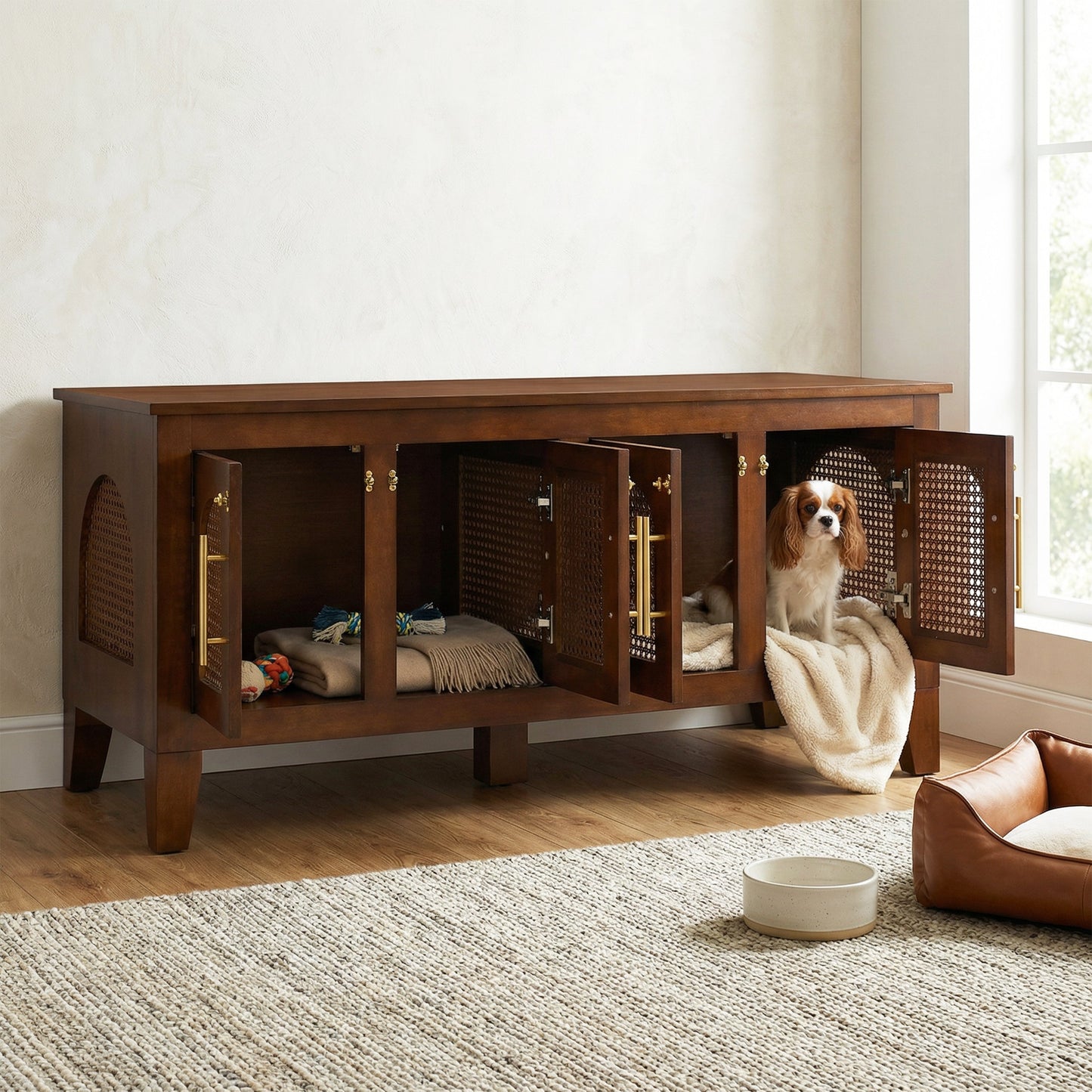 Lars Indoor Rattan Decorated Rubber Wood Dog Crate Cabinet Furniture