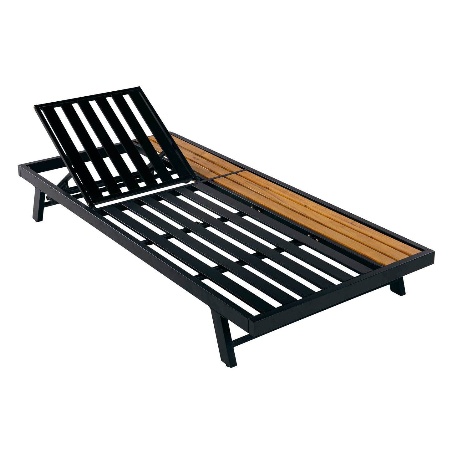 Black Iron + Teak Finish Wood Chaise Lounge Frame