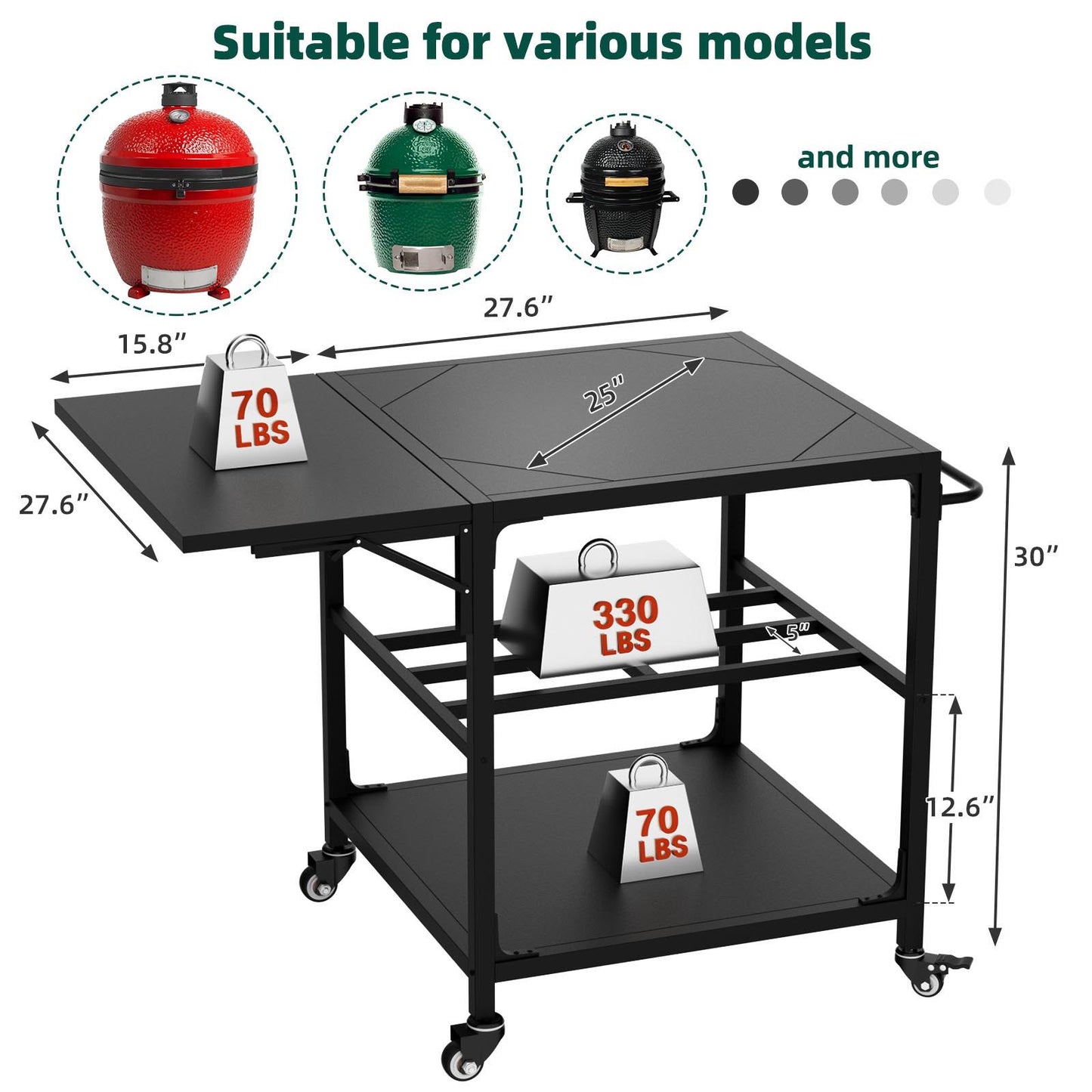 Outdoor Grill Table, Prep Cart With Wheels, Storage Shelf And Hooks - Black