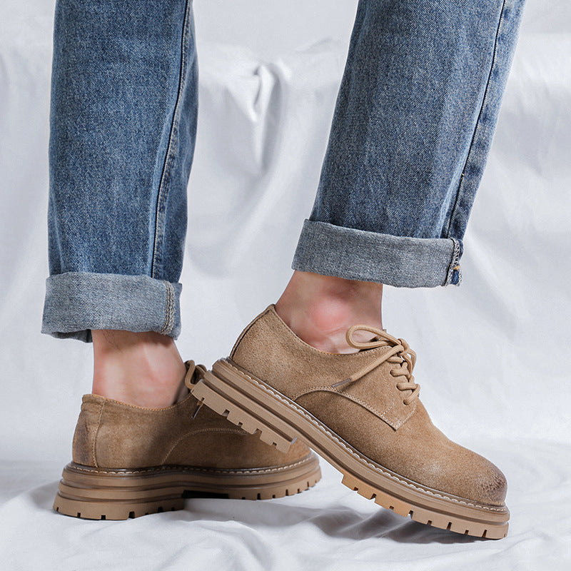 Youthful Round-toe Mens British-style Casual Pigskin Mid-heel Wide-toe Work Shoes