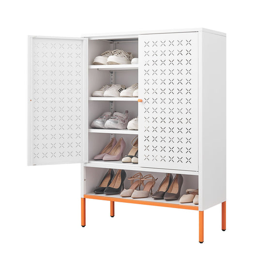 Grid Double Door Shoe Cabinet With Adjustable Compartments and Moisture-Proof Design
