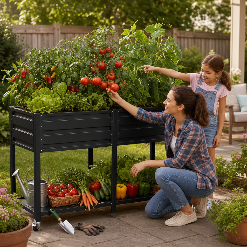 Dual Tier Elevated Metal Raised Garden Bed with Lockable Wheels & Lower Storage Shelf