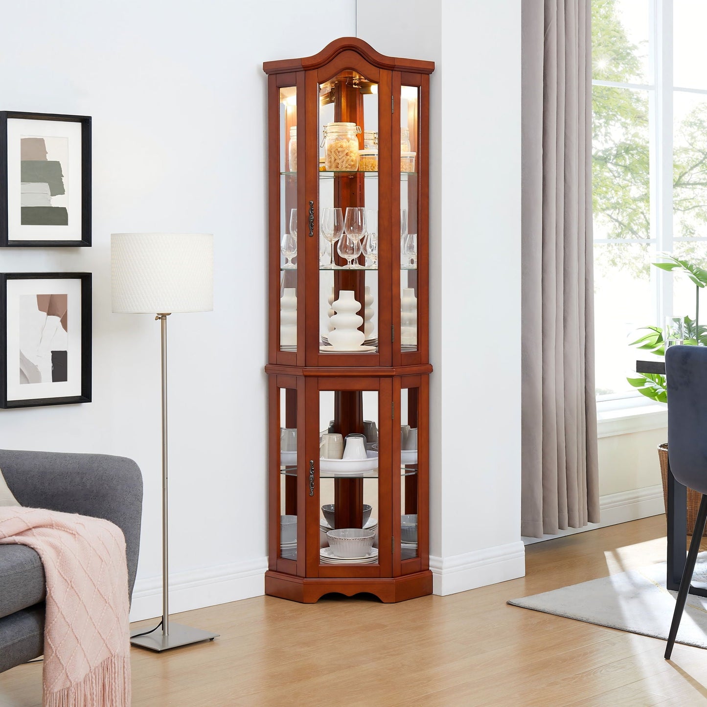 Corner Curio Cabinet With Lights, Adjustable Shelves, Mirrored Back - Walnut