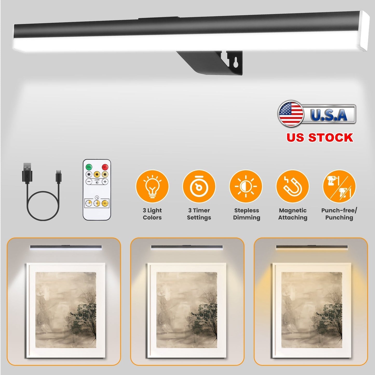 Wireless Picture Light Magnetic Art Display Light Dimmable Rechargeable Library Gallery Light with 3 Light Colors 3 Timer Settings Remote Control Punc