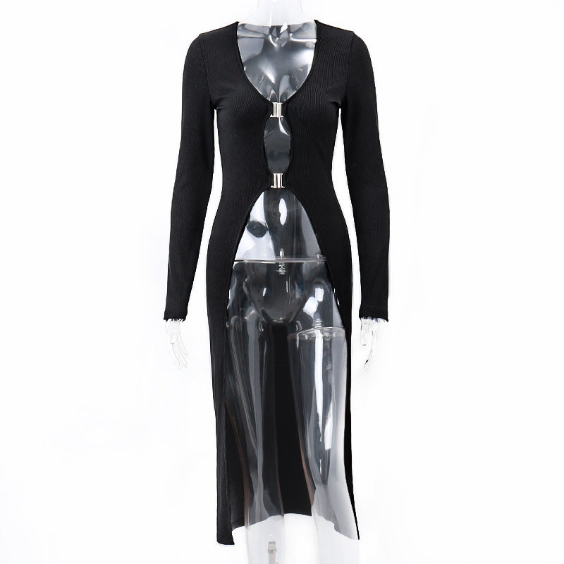 Sexy Black V-neck Low-cut Metal Buckle long summer Cardigan