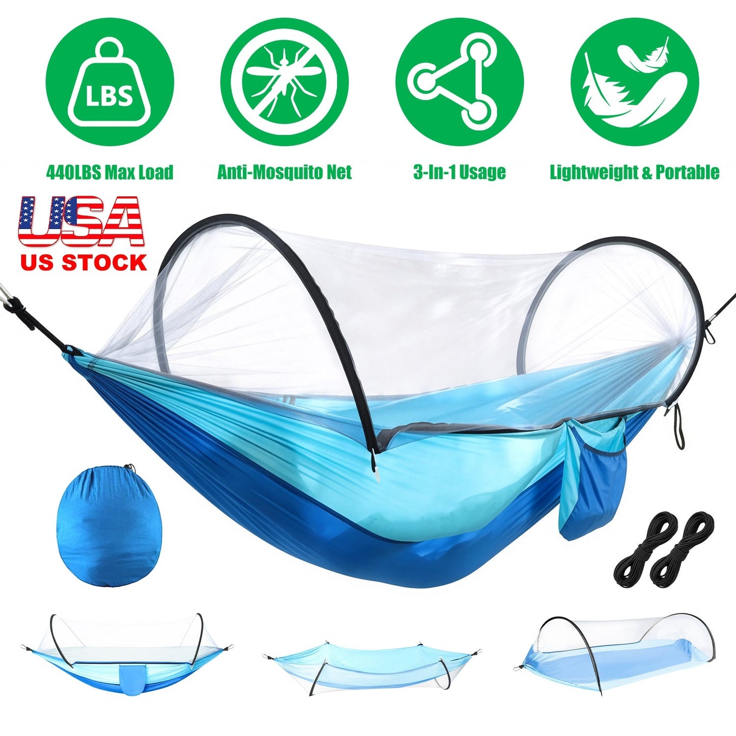 Camping Hammock with Mosquito Net - 440lbs Capacity Portable
