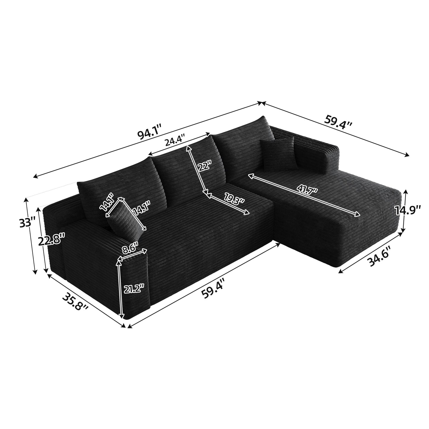 95" Cloud Sectional Sofa, Modern Minimalist Upholstered Couch