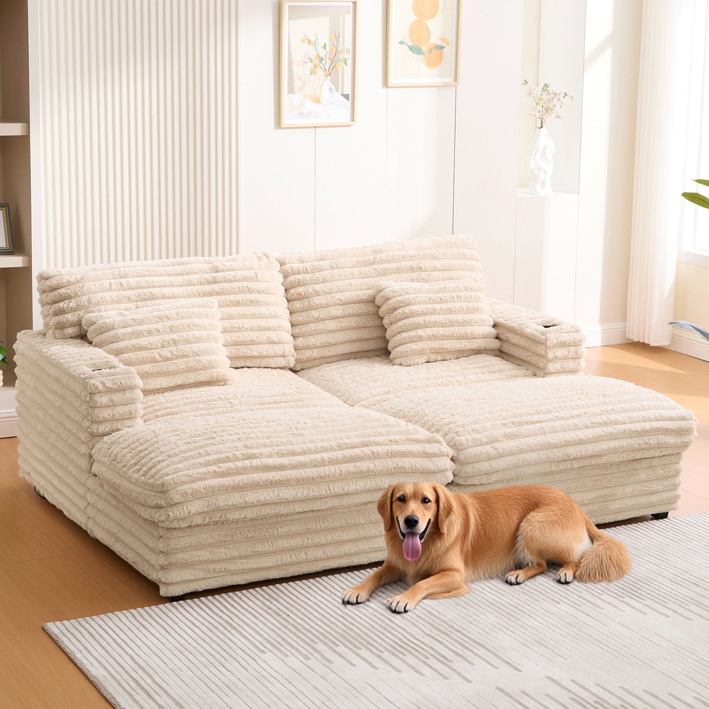 Oversized Double Chaise Lounge Sofa Bed With USB Ports And Cup Holders