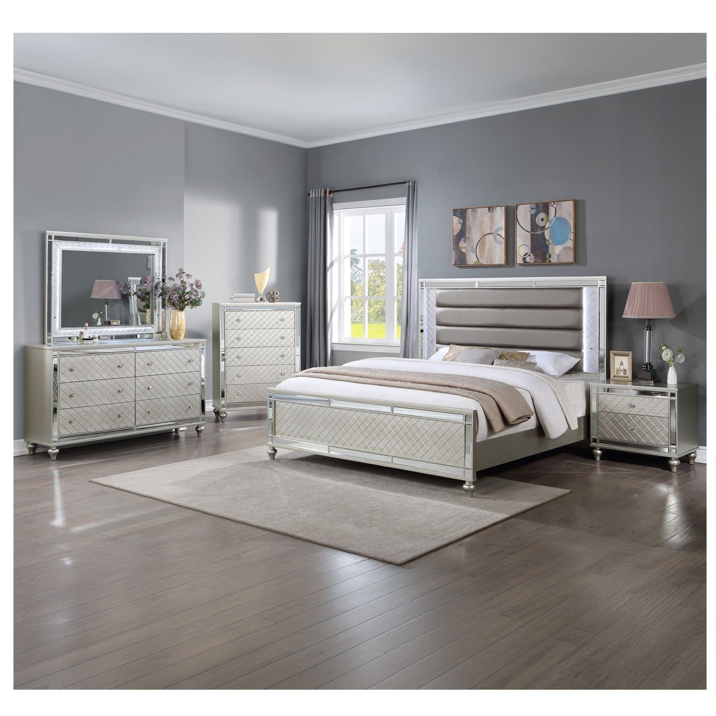 Modern Panel Bed Wit Tufted Design And Integrated LED Lighting