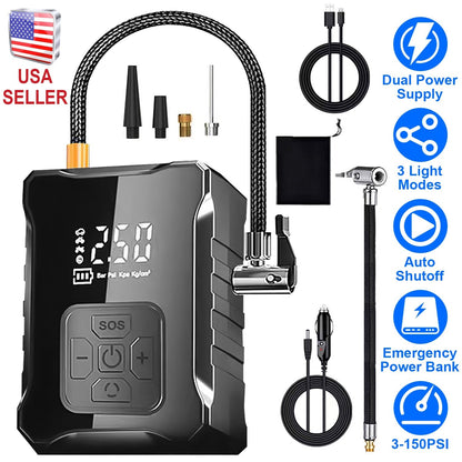150PSI Cordless Tire Inflator with Car Charger Digital Air Compressor with LED Light Emergency Power Bank for Cars Motorcycles Bicycles Balls