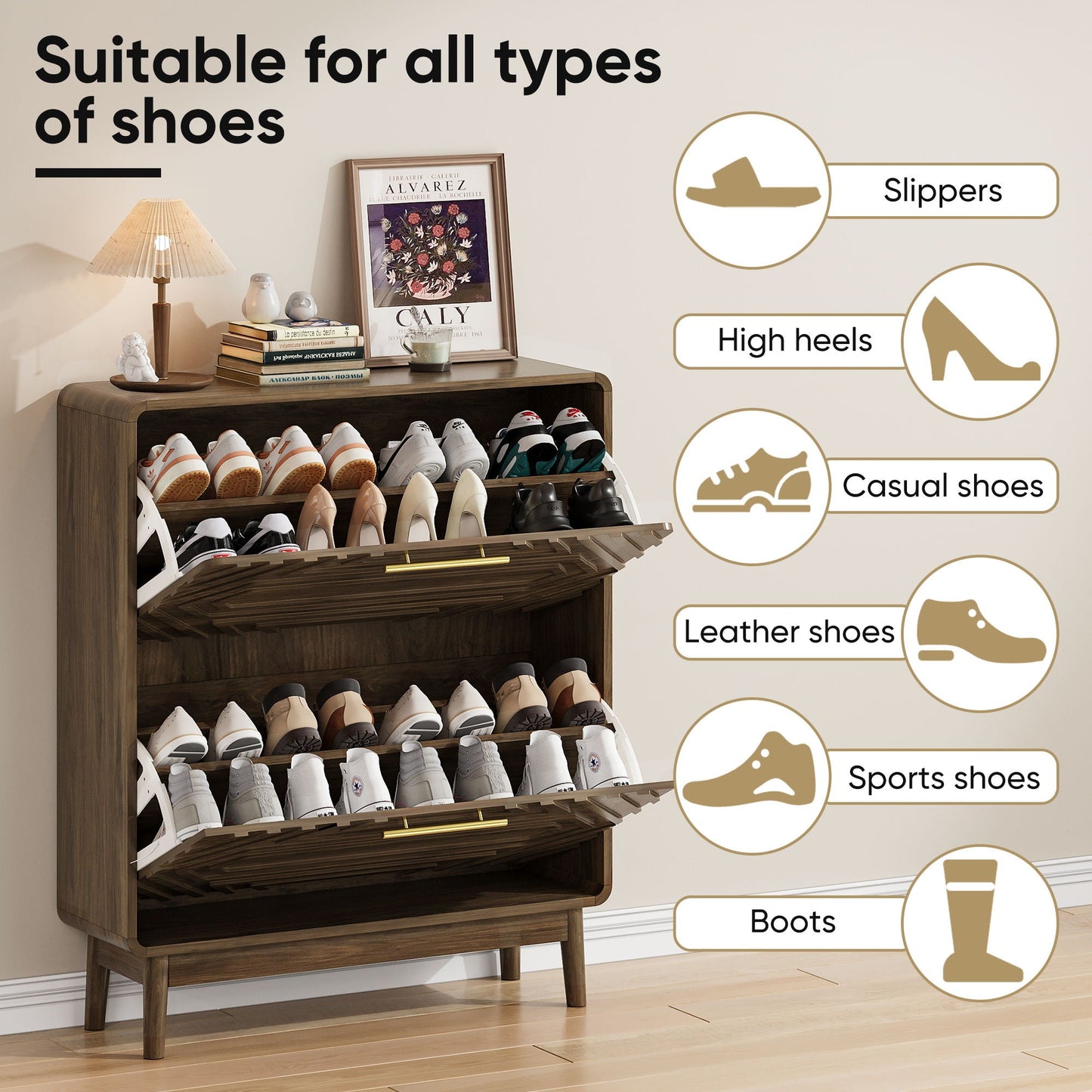 Freestanding Shoe Cabinet With 2 Flip Top Drawers For Entryway - Walnut