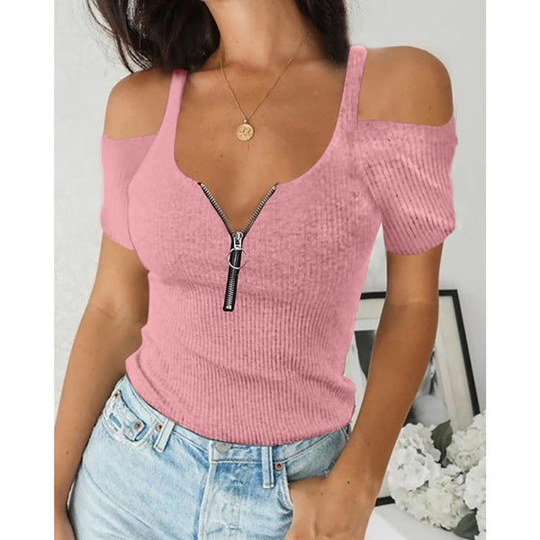 Plus Size Short Sleeve Zipper Short T-Shirt