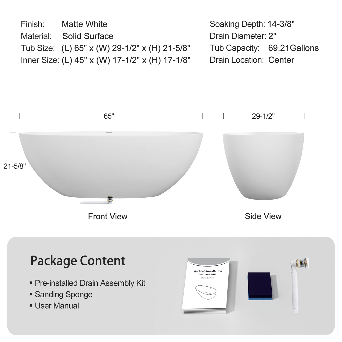 65" Freestanding Solid Surface Bathtub