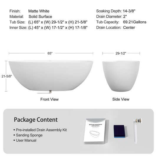 65" Freestanding Solid Surface Bathtub