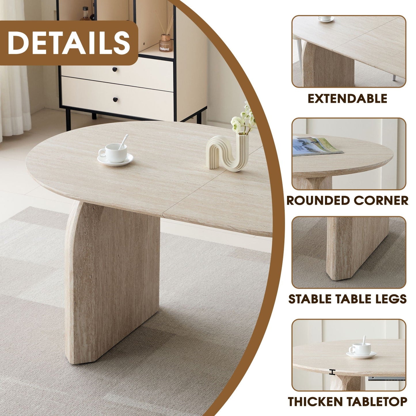 Oval Extendable Dining Table With Dual Pillar Design - Off White