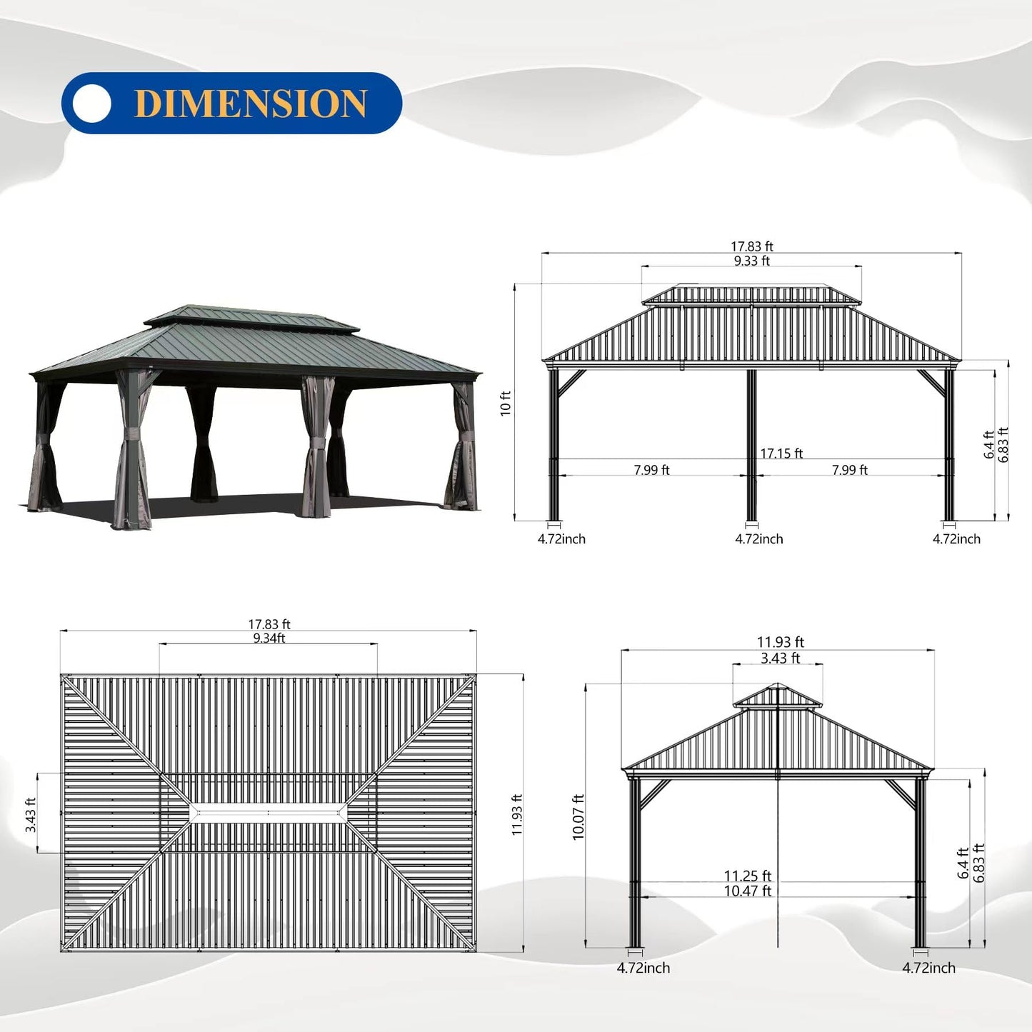 12' x 18' Hardtop Metal Gazebo with Double Roof Canopy