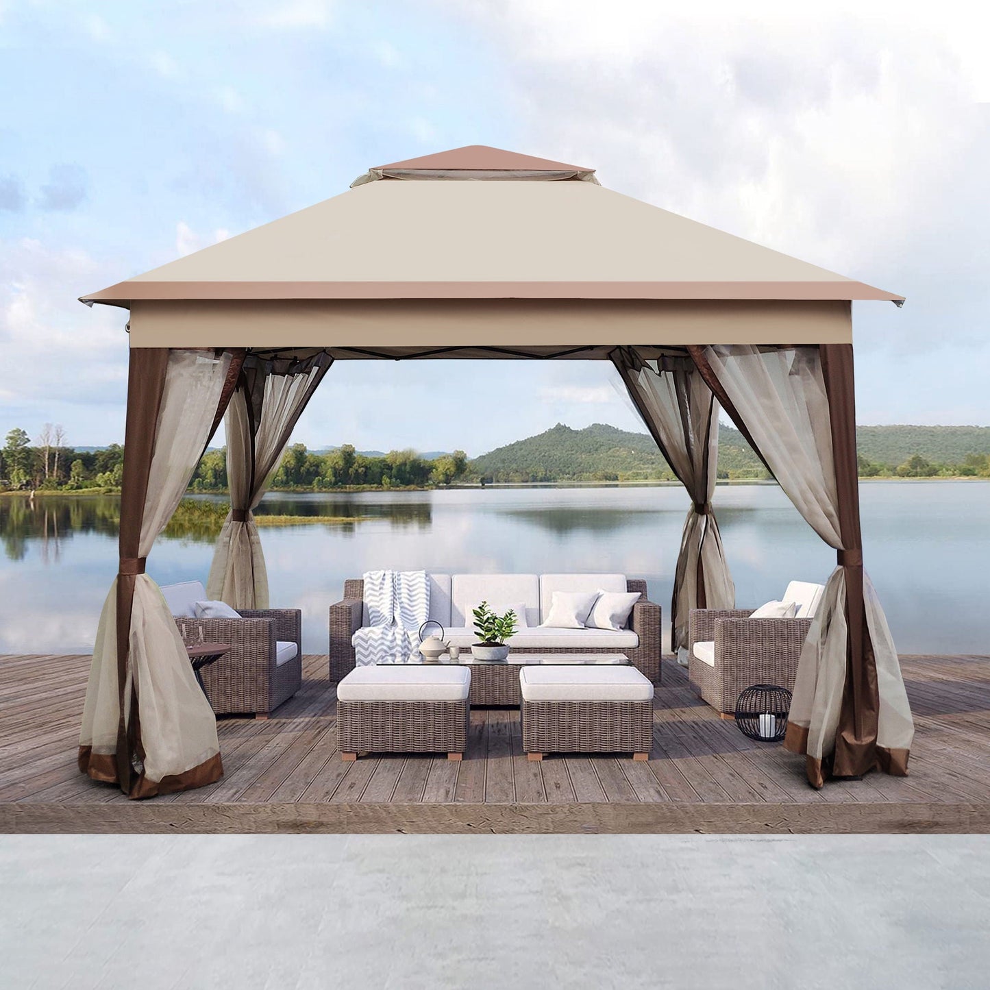 Outdoor Pop Up Gazebo Canopy With 2 Tier Soft Top And Removable Zipper Netting