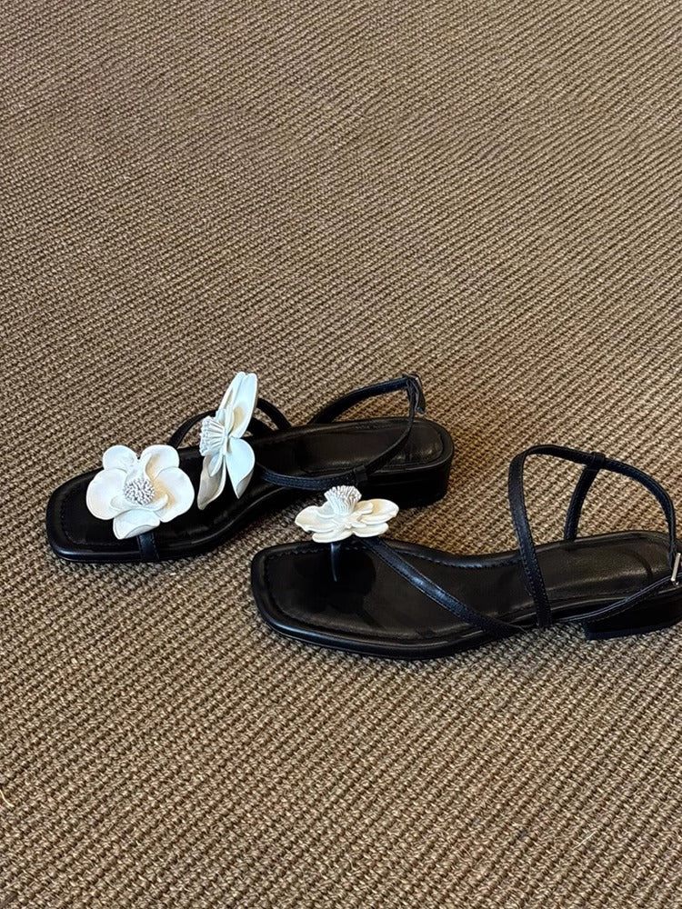 Women's French Floral One-Strap Sandals, New Arrival For Spring & Summer, Fairy Style Soft Leather Open Toe Beach Sandals