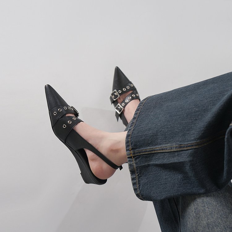 Women Pointed Toe High Heel Mules, Belt Buckle Closed Toe Slide Sandals, Vintage Backless Pumps For Outdoor Wear