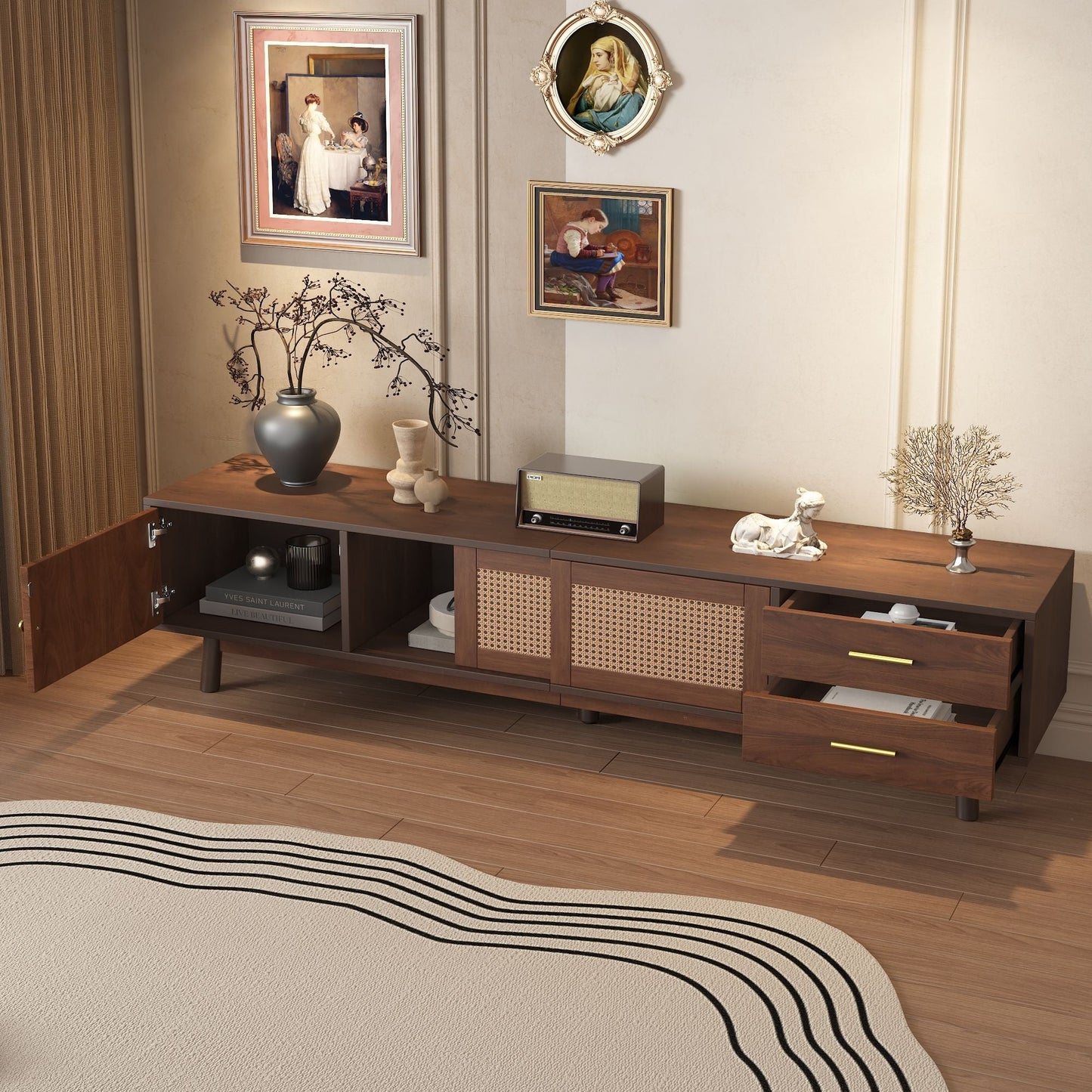 TV Stand For 80" TVs With Sliding Doors And Drawers, Accent Storage Unit - Dark Brown