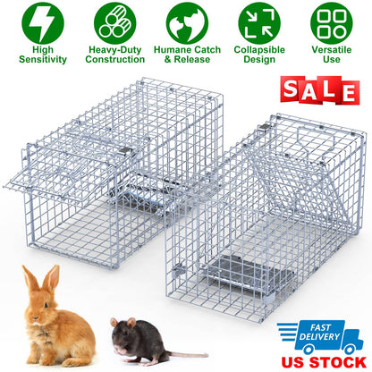 2Pcs 18x8x10In Humane Single Door Live Animal Trap Collapsible Galvanized Iron Animal Cage Catch And Release for Small Squirrel Raccoon Feral Cat Weas